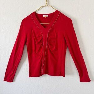 Guy Laroche Red V-Neck Ruched Stretch Viscose Long Sleeve Top Small